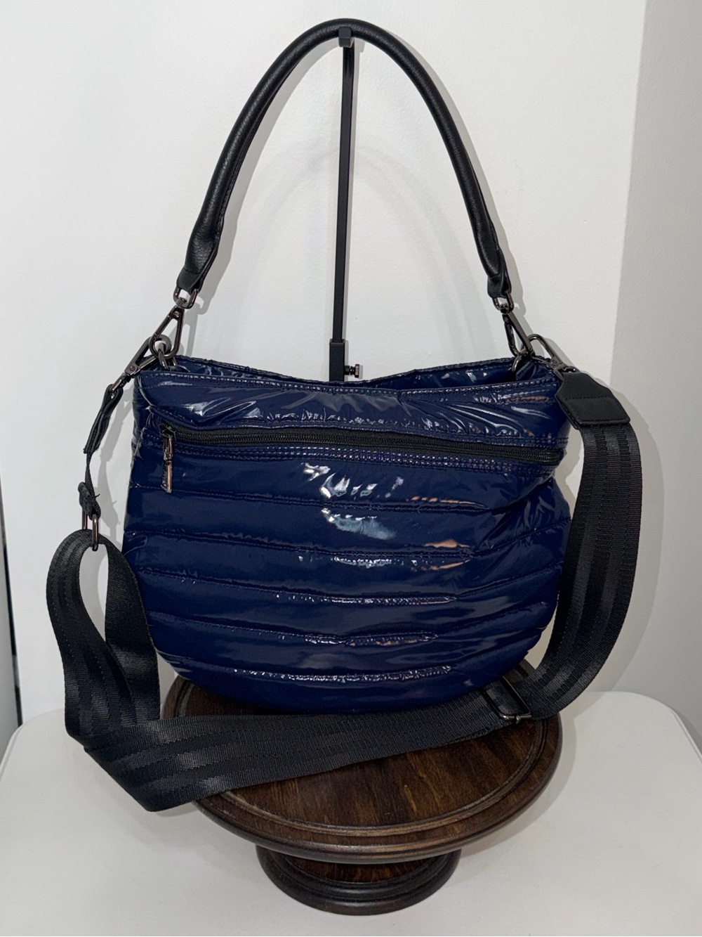 Think Royln Navy Patent Quilted Hobo Crossbody Bag Convertible Shoulder Bag